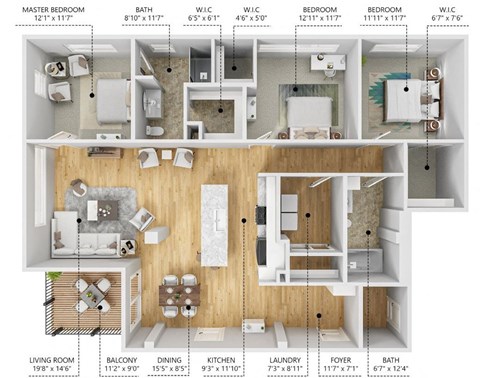 Floor plan for 3 beds, 2 baths, 1549 sqft